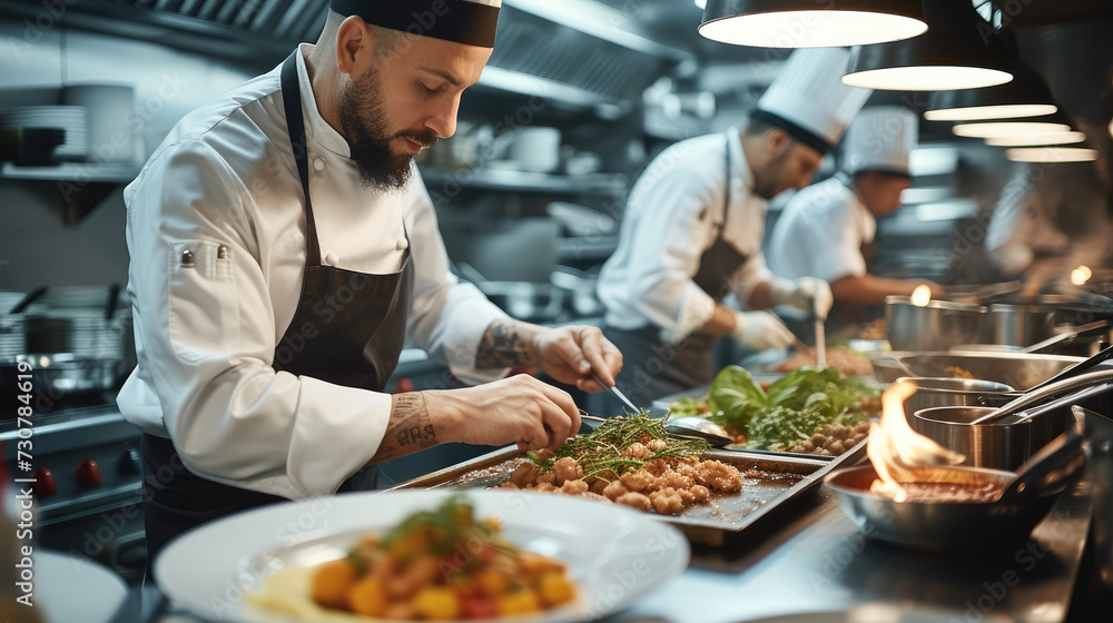 Chefs working in a bright kitchen. Generative AI. Chefs working in a bright kitchen. Generative AI.
