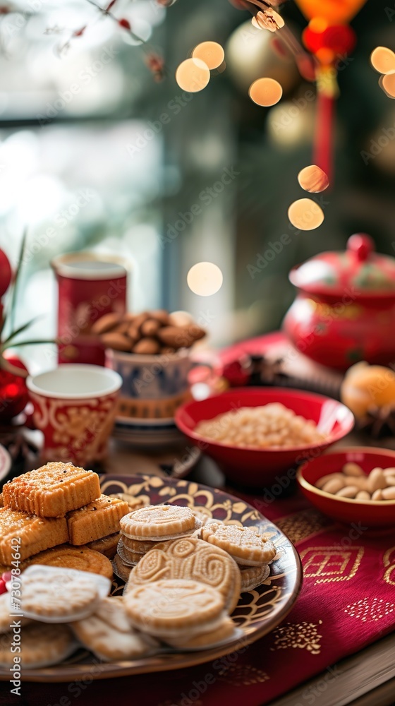 Close-up of tasty Chinese New Year treats, sweet rice cakes and almond cookies beautifully arranged on a festive table Close-up of tasty Chinese New Year treats, sweet rice cakes and almond cookies beautifully arranged on a festive table