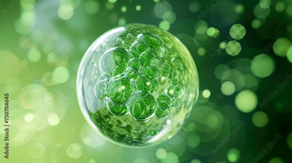 Green Translucent Sphere with Organic Cluster Structure on Bokeh Background