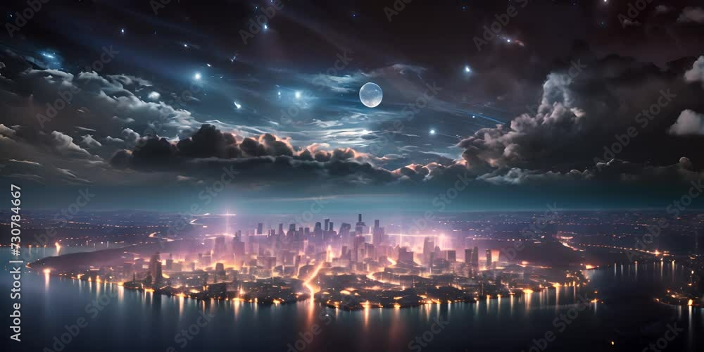 Panoramic view on planet Earth globe from space. Glowing city lights, light clouds. 4K AI video