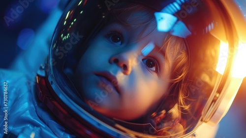 Child in Astronaut Helmet with Vivid Imagery of Space Exploration