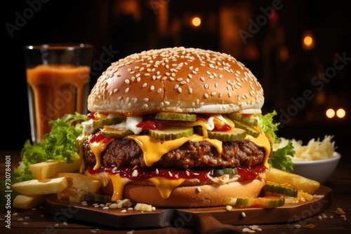 Hamburger menu in fast-food restaurant. Fries, coffee cappuccino, Big Mac. Fastfood and junk food concept