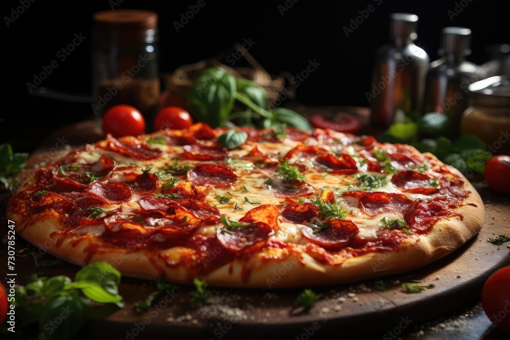 promotional flyer and poster for Restaurants or pizzerias. Homemade Italian pizza on a dark background. Top view with copy space for text. Ingredients for pizza, cheese, butter and tomatoes