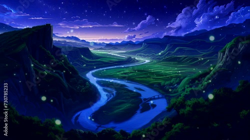 A meandering river cutting through a lush, green valley. Fantasy landscape anime or cartoon style, seamless looping 4k time-lapse virtual video animation background