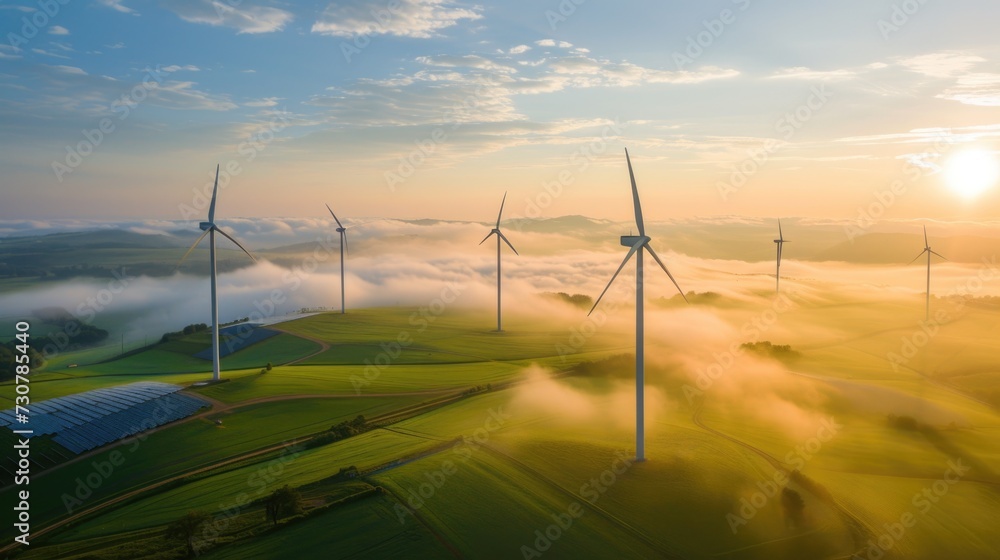 Misty Morning Over Wind Turbines in Green Landscape Misty Morning Over Wind Turbines in Green Landscape