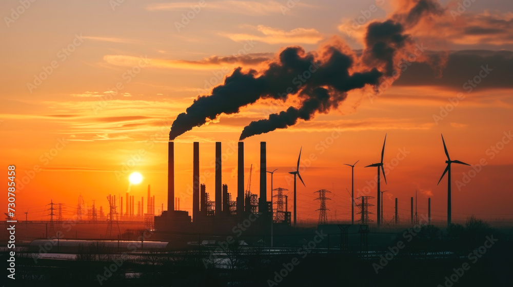 Industrial Complex at Sunset with Smokestacks and Wind Turbines