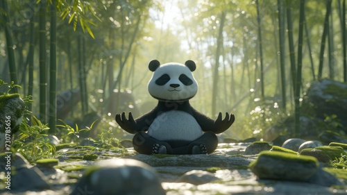 Virtual panda teaches yoga moves to endorse health apps  amidst serene bamboo surroundings.
