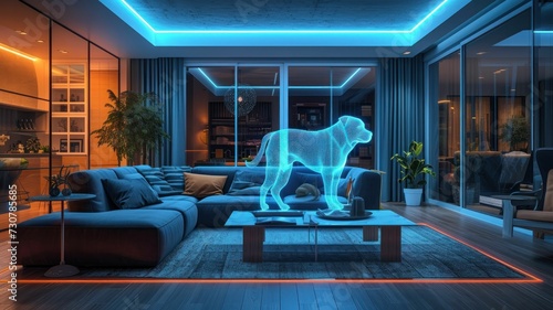 Futuristic canine avatar introduces smart home gadgets in a digital living space. photo