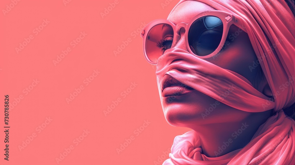 A lady with sunglasses and a pink scarf. Generative Ai. - obrazy, fototapety, plakaty 
