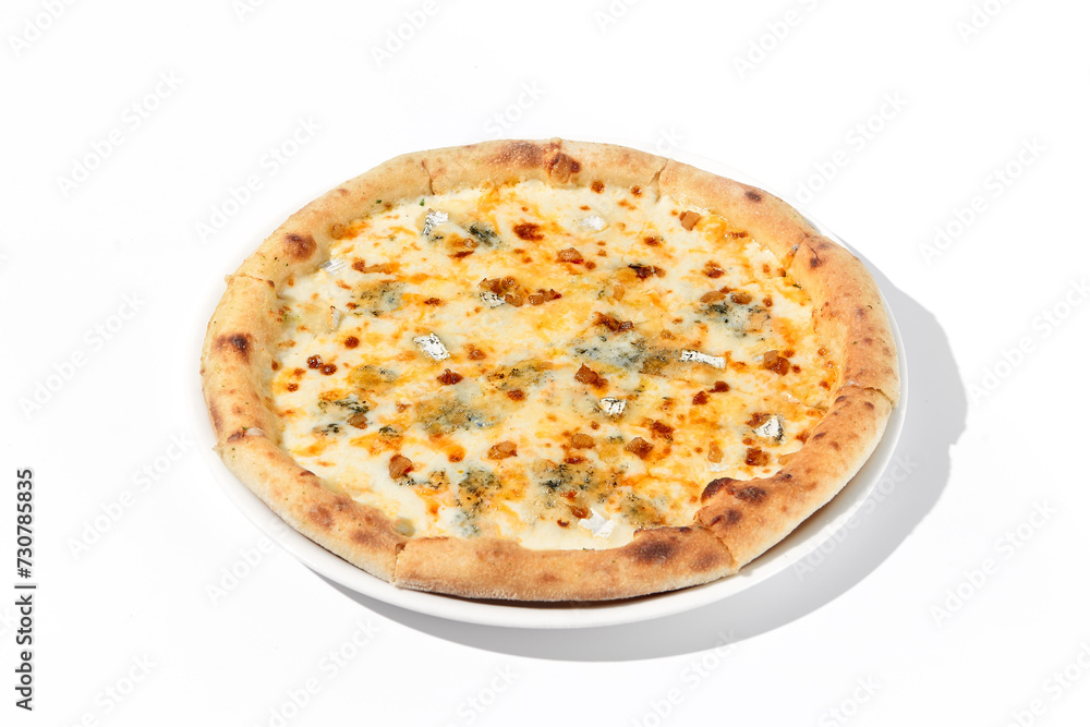 Italian Quattro Formaggi Pizza with Four Cheeses Isolated on White