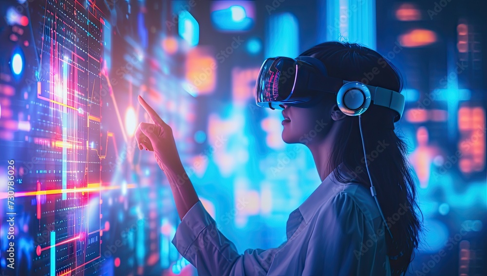 Young woman immersed in cutting edge world of virtual reality working with advanced technology and network systems captures and futuristic concepts VR glasses and interacts with digital interface Young woman immersed in cutting edge world of virtual reality working with advanced technology and network systems captures and futuristic concepts VR glasses and interacts with digital interface