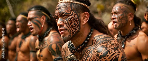 Tattooed maori tribe warriors making faces during a haka dance photo