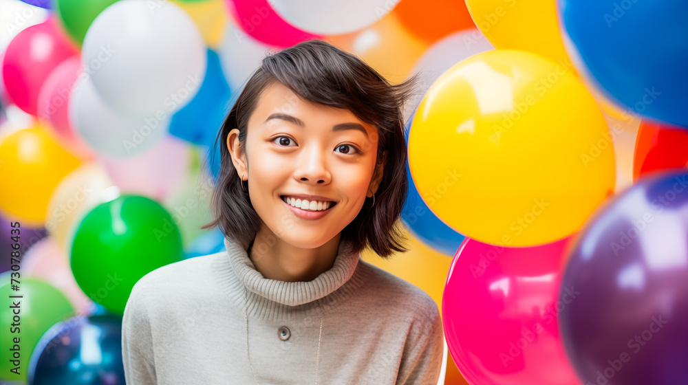 Obraz premium A woman in a soft gray pullover, hands on cheeks, with a subtle smile and thoughtful gaze, surrounded by floating balloons in the colors of the rainbow flag