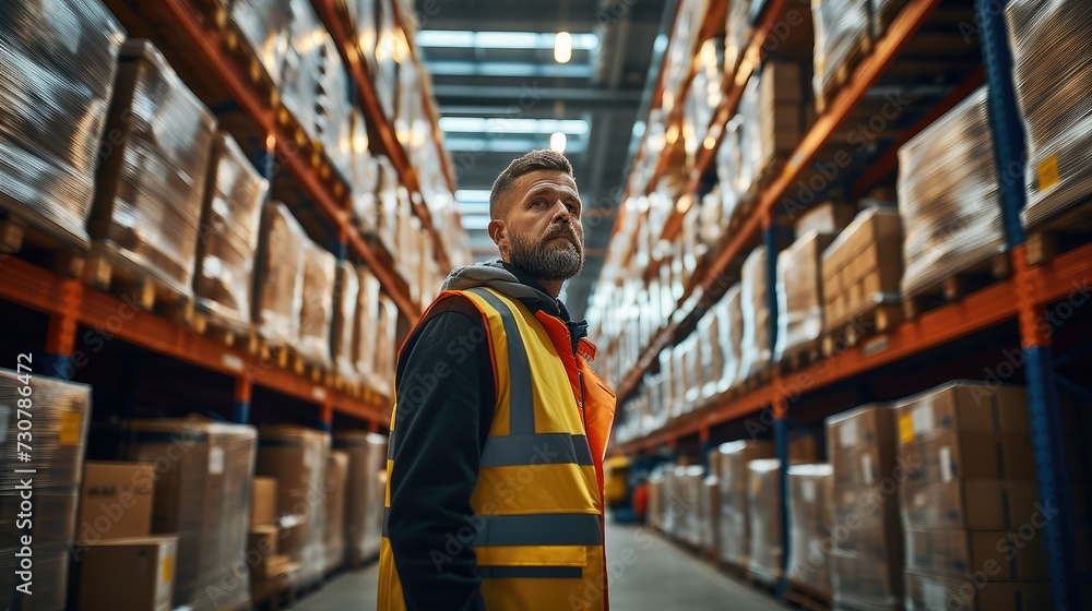 A worker Inside Warehouse Checking Stock On Shelves Using Clipboard, logistics concept. Generative AI. A worker Inside Warehouse Checking Stock On Shelves Using Clipboard, logistics concept. Generative AI.