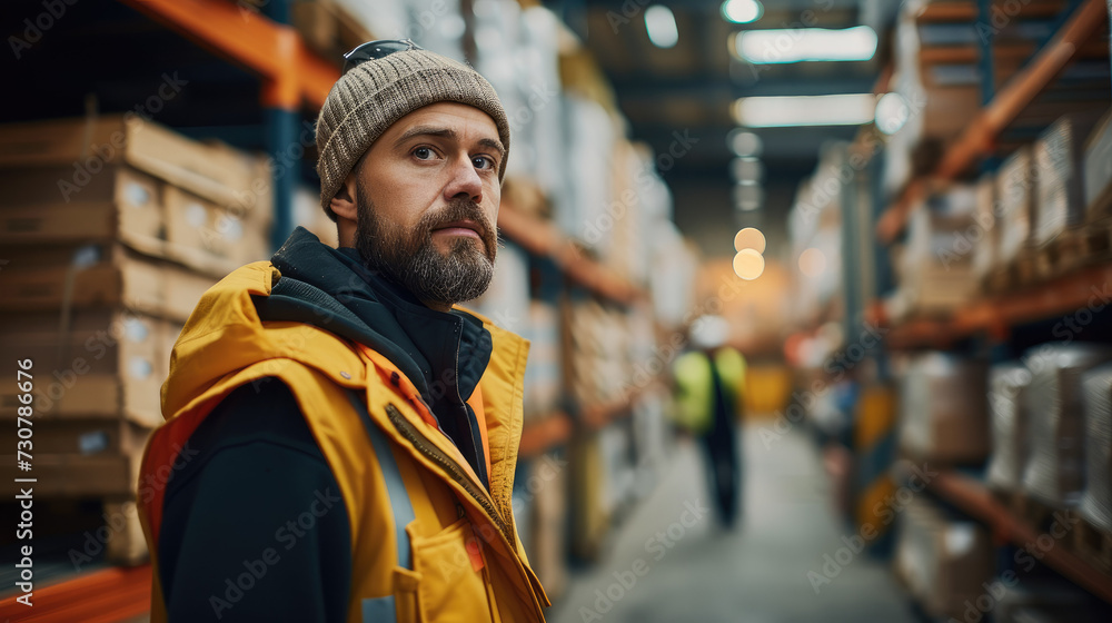 A worker Inside Warehouse Checking Stock On Shelves Using Clipboard, logistics concept. Generative AI. A worker Inside Warehouse Checking Stock On Shelves Using Clipboard, logistics concept. Generative AI.