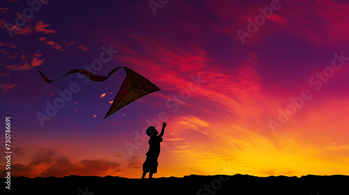 Silhouette of a child playing with a kite at twilight, the sky painted with hues of purple and orange, evoking freedom and joy