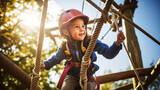 Child in safety harness conquer heights on rope ladder at adventure park.