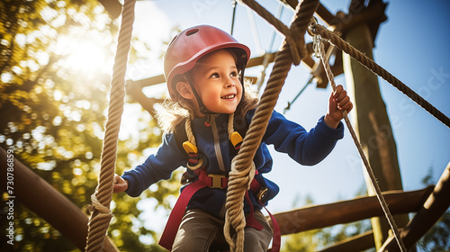 Child in safety harness conquer heights on rope ladder at adventure park. photo