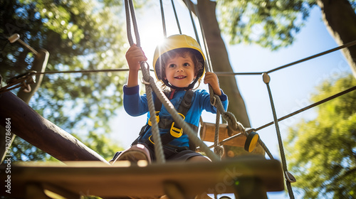 A young child wearing a safety harness climbing a rope ladder in an adventure park © XaMaps