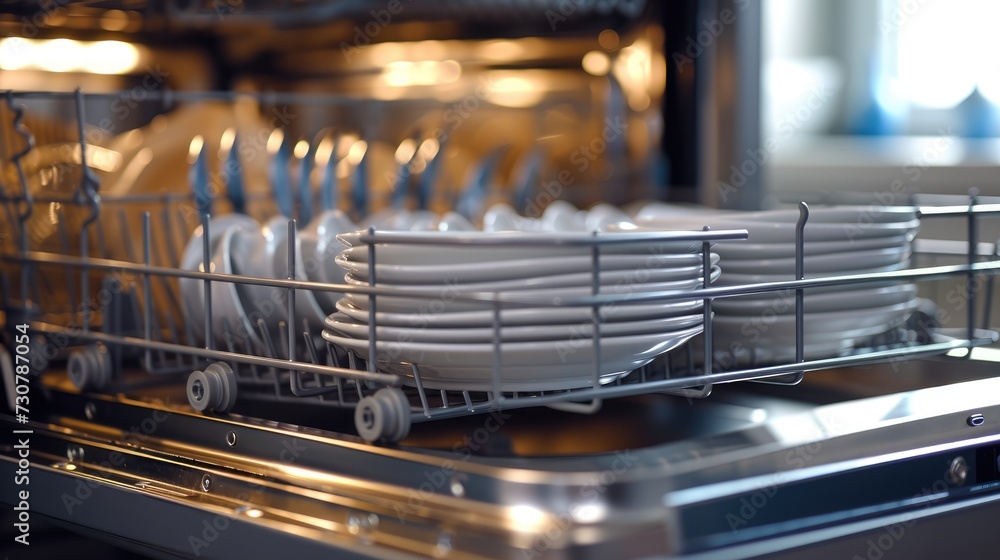 Numerous plates in a dishwasher. Generative Ai.