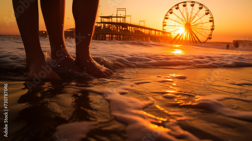 Couple's feet in the ocean surf, sunset reflection on water, pier and ferris wheel in soft focus