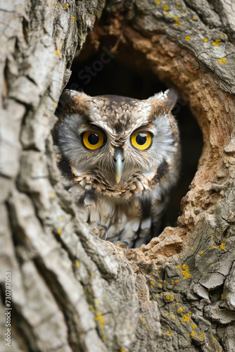Secretive Owl: Camouflaged Peek from Ancient Tree © romanets_v