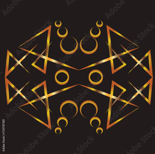 Symmetrical ornament with triangles and circles. Geometric ornament, applique, background. Gold gradient on a black background for printing on fabric, applique and cards.
