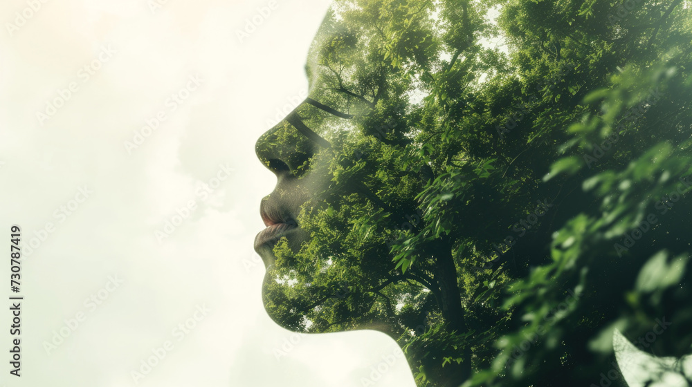 Double Exposure Portrait Blending a Person with the Lush Greenery of Nature