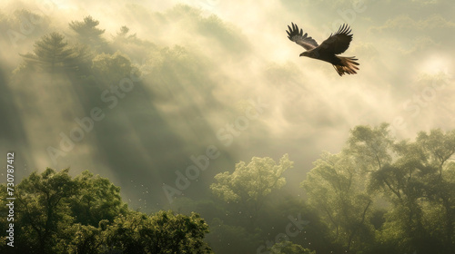 Majestic Eagle Soaring Over Misty Forest: Wild Bird in Natural Habitat