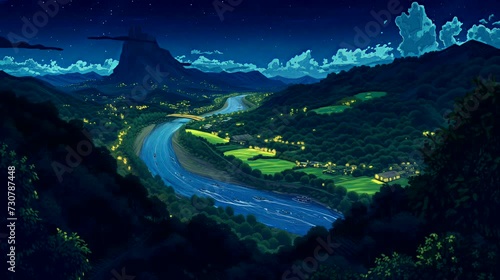 A meandering river cutting through a lush, green valley. Fantasy landscape anime or cartoon style, seamless looping 4k time-lapse virtual video animation background