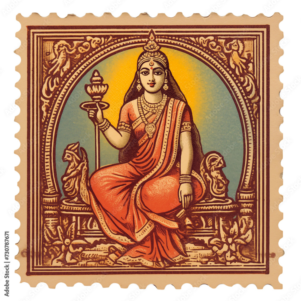 Fototapeta premium Vintage Postal Stamp, India, retro artwork style, Isolated transparent on white background, PNG