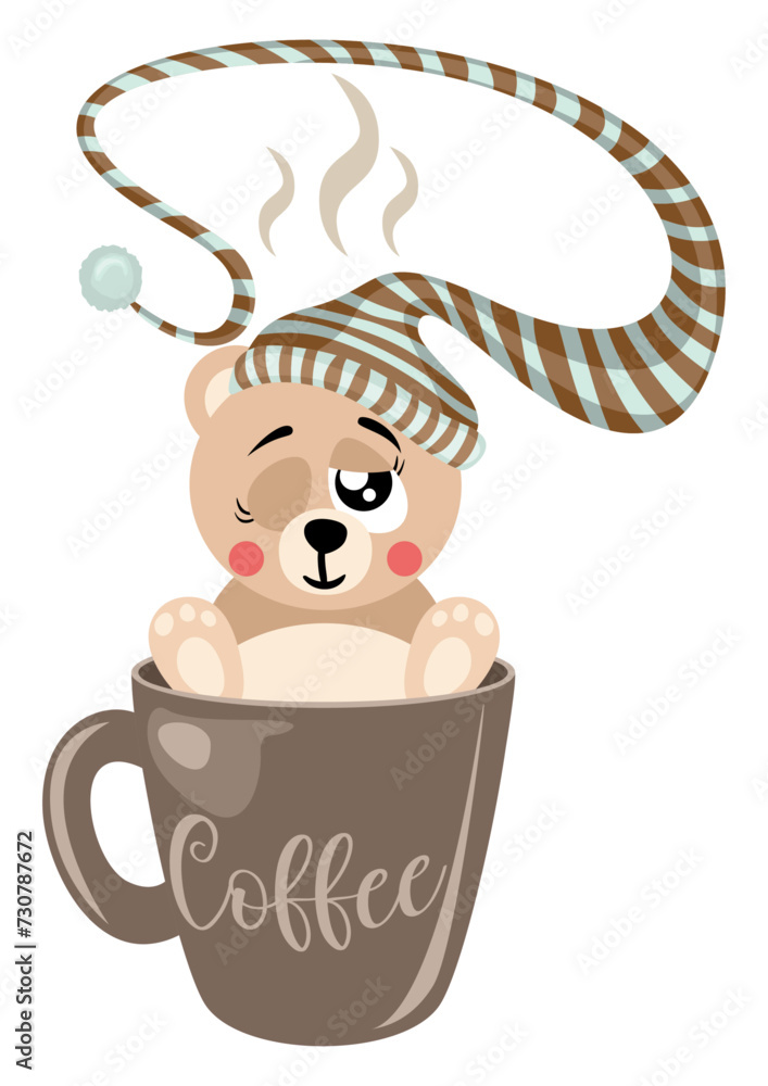 Sleepy teddy bear with sleeping hat inside cup of coffee Sleepy teddy bear with sleeping hat inside cup of coffee