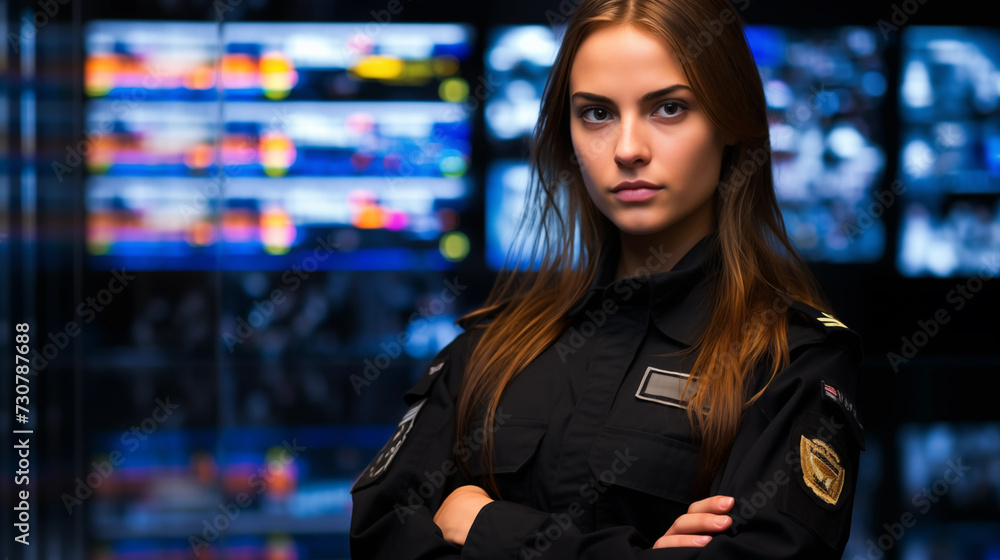 Female cybersecurity guard protects online privacy and prevent internet service provider or hacker from tracking online activity Female cybersecurity guard protects online privacy and prevent internet service provider or hacker from tracking online activity