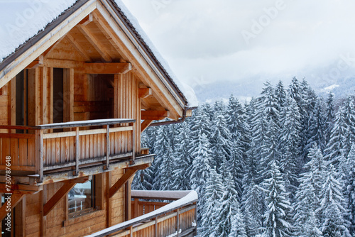 Tablou pe pânză wooden chalet in Alps, real estate for winter ski holidays, house for rent, rent
