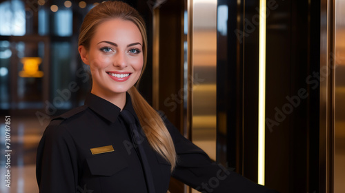 Female security guard standing in front of an entrance of the private facility or building photo