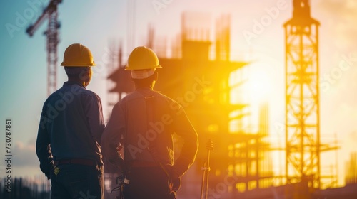 Silhouettes of Construction Workers at Sunset Overlooking a Building Site