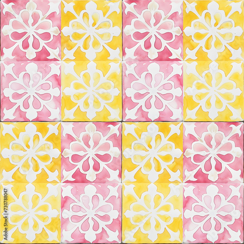 Watercolor pink and yellow seamless tiles. Spanish pattern  tile collection. Ornamental background