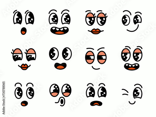 Set of groovy comic faces. Cartoon character faces with different emotion: happy, playful, surprised, funny, cute, cunning, scared, relaxed