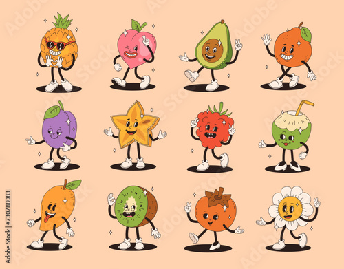 Retro groovy tropical fruit characters. Funky cartoon mascot of pineapple peach avocado orange plum karambola raspberry green coconut mango kiwi persimmon daisy flower with happy smile face.