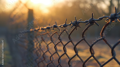 An image of a barbed wire fence up close. Generative Ai. photo