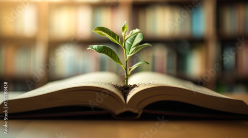 Seedling Growing from Open Book in Library