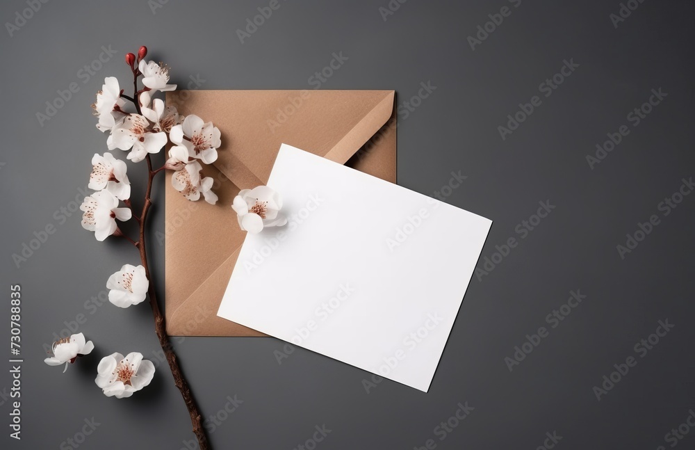 Minimalistic card mockup with cherry branch, flower, craft envelope, blossom, flat lay, top view Minimalistic card mockup with cherry branch, flower, craft envelope, blossom, flat lay, top view