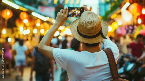 a person, seen from behind, taking a selfie in a bustling street market. photo