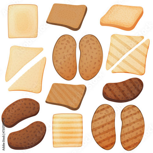 Cartoon toasts and slices of bread. Freshly toasted slices of whole wheat and whole wheat bread for breakfast. Set of fried sandwiches. Vector illustration