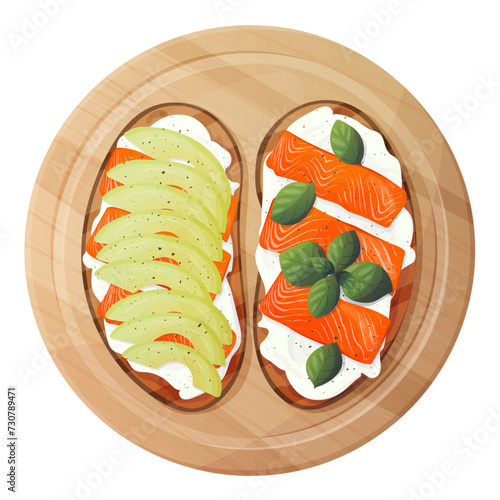 Set of toasts and sandwiches with different healthy ingredients. Slices of bread with fish, avocado, basil, vegetables. Vector flat illustration isolated on white