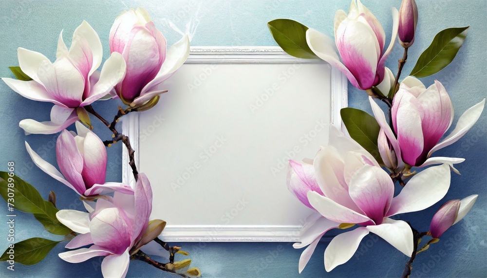 Kwiaty magnolii otaczające białą ramkę z kartką papieru. Trójwymiarowe, wiosenne tło z miejscem na tekst - obrazy, fototapety, plakaty 