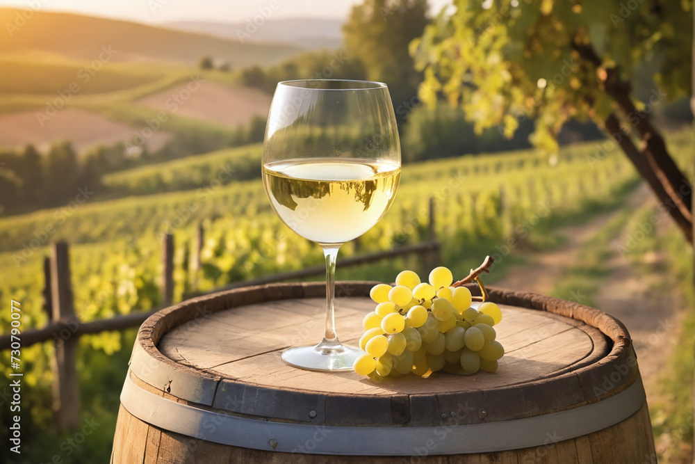 Glass of white wine on a barrel in the countryside, warm light