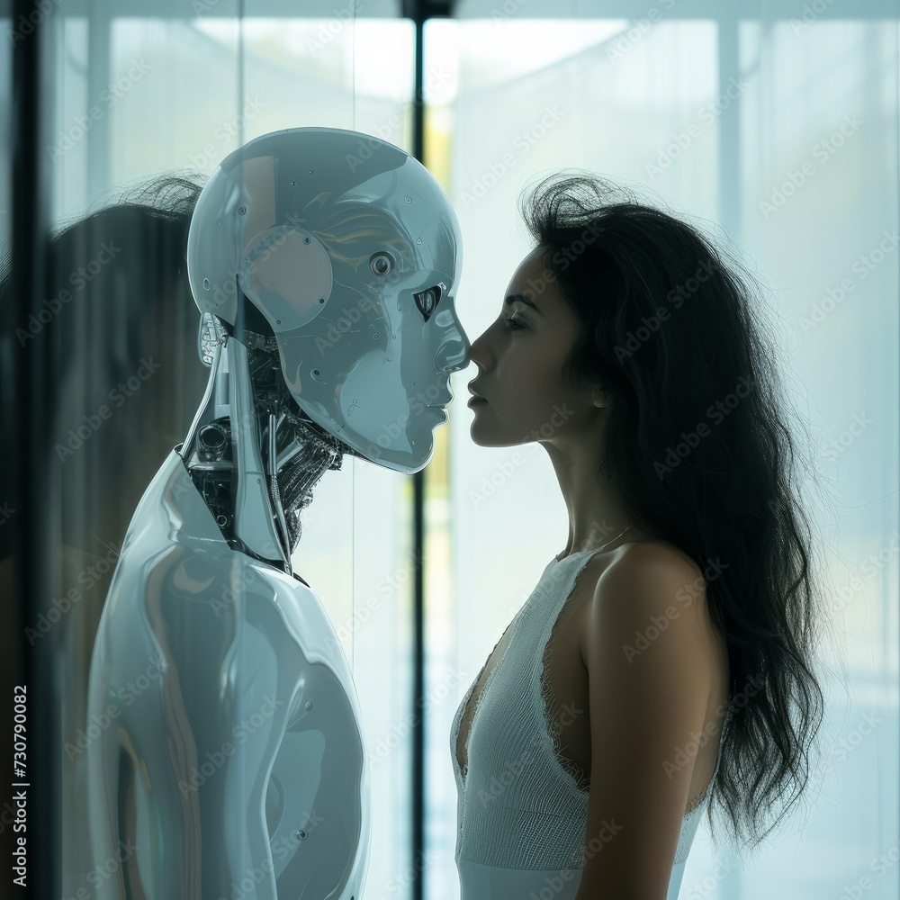 Woman Facing AI Separated By A Glass Wall Illustrating The Concept Of Woman facing ai separated by a glass wall illustrating the concept of