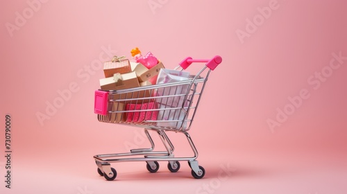 Close-up of a small shopping cart filled with a variety of gift boxes, paper bags on a pink background.