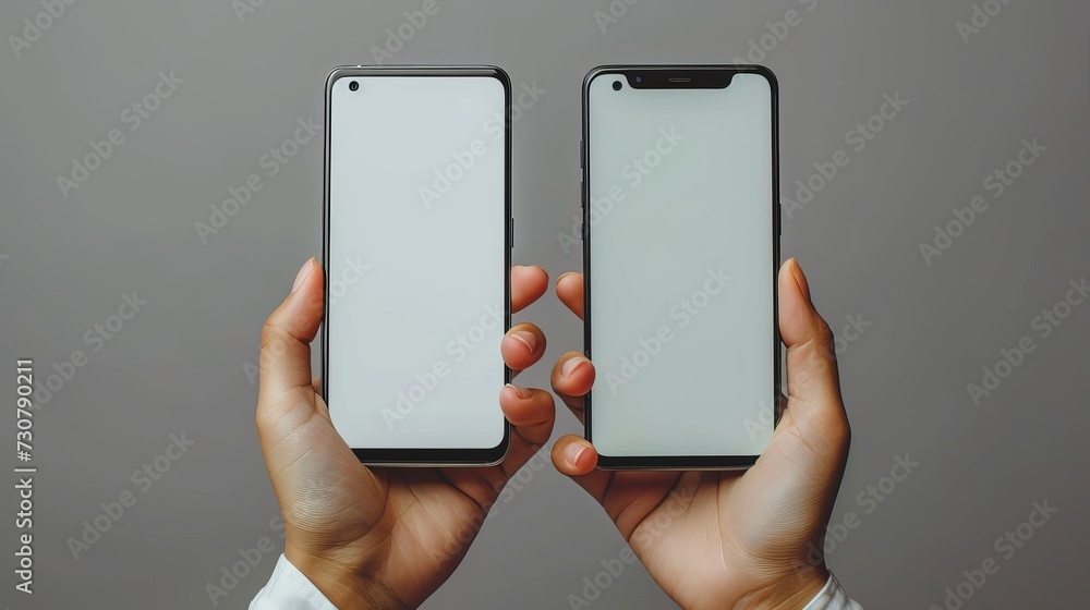 The hands of two people holding two smartphones with white empty ...
